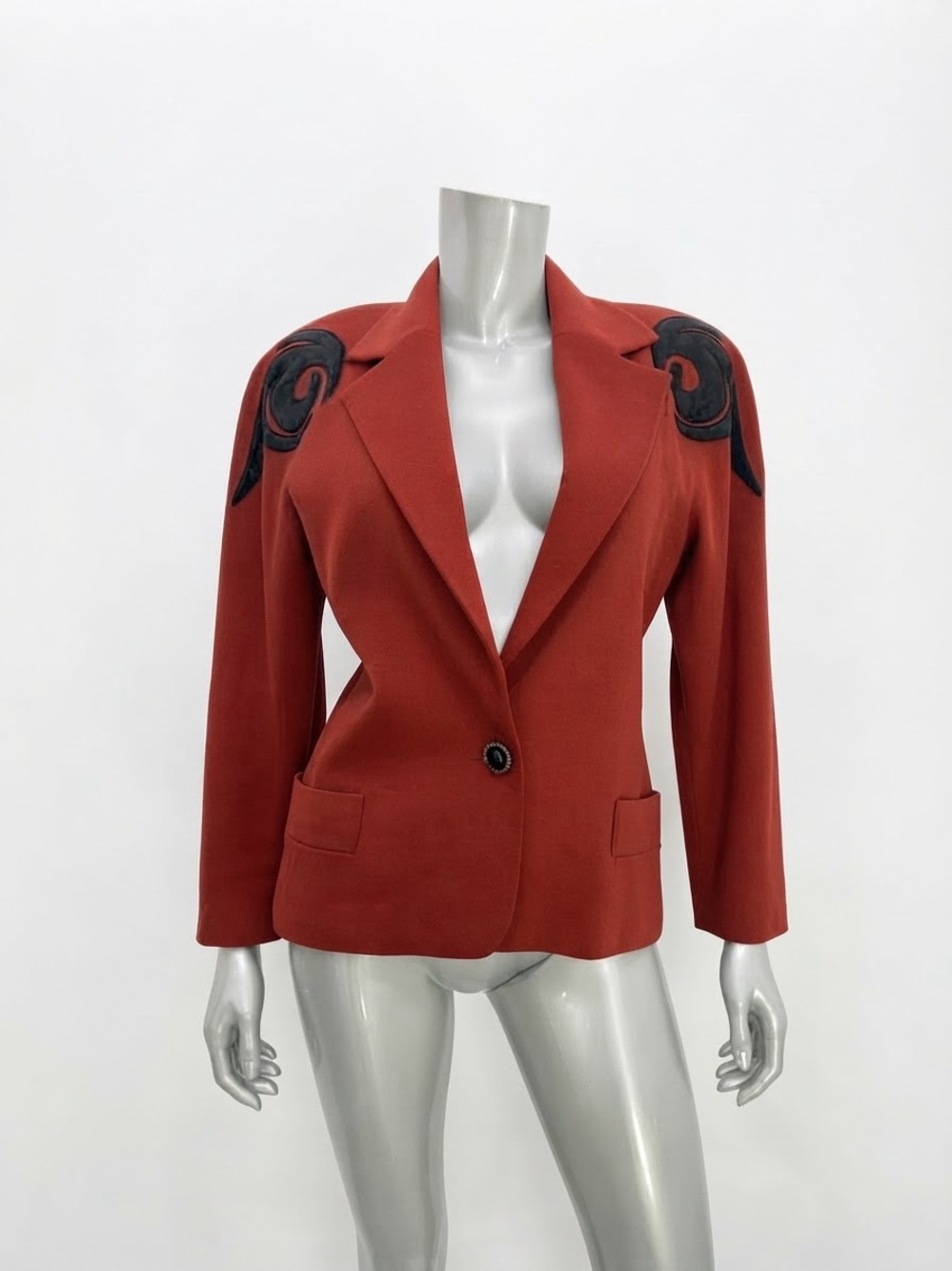 Vintage Genny Italy Rust Red 100% Wool Blazer Black Suede Appliqué Scroll US 4